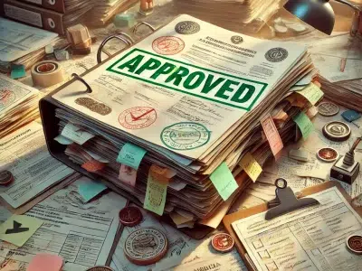 DALL·E 2026-04-10 14.33.04 – A detailed illustration of a complicated administrative file that has finally been approved. The scene shows a thick folder overflowing with papers, f ACCOMPAGNEMENT ADMINISTRATIF Individualisé<span style="color:orange"><br> RECEVABILITÉ LIVRET 1 VIA FRANCE VAE